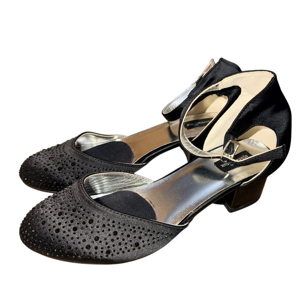 Sparkle & Tux Girls Womens Dress Shoes Black Satin Block Heel Ankle Strap Size 5